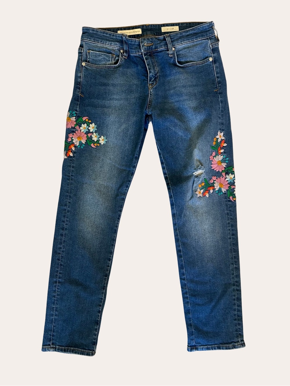 Anthropologie Pilcro Floral Embroidered Slim Boyfriend Jeans Size 28 Distressed
